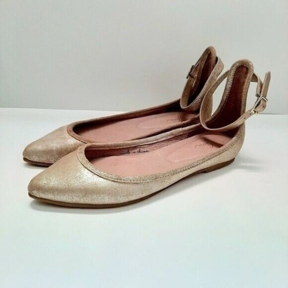 JOIE Temple Gold Metallic Pointed Toe Ankle Strap Flats Sz US 6 EUR 36 - Picture 4 of 13